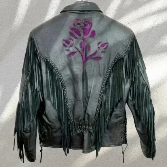 Black Leather Vintage Western Fringe Jacket with Purple Embroidery – Medium - Picture 3 of 16